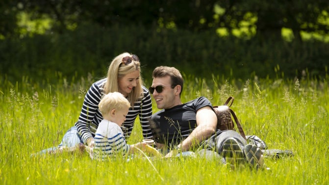 Family sat in long green grass enjoying a picnic